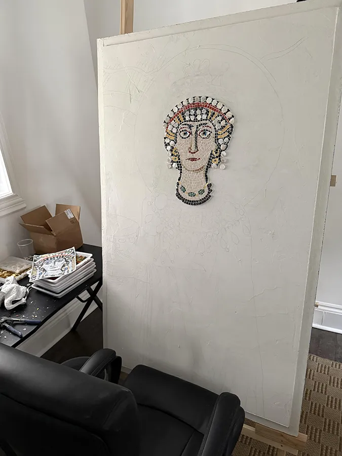 Early layout of tesserae for the Empress's robe.